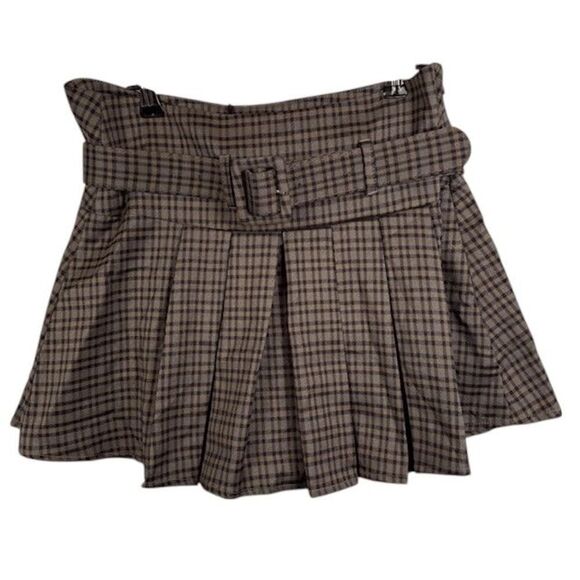 NWT Cider Pleated Buckle Skirt Brown Check Plaid Belt Size Medium - Picture 2 of 10